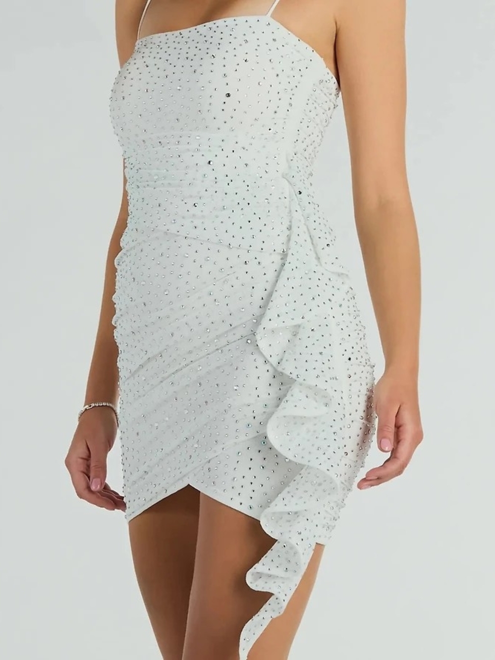 Women's White Rhinestone Ruched Mini Dress - Picture 3 of 8